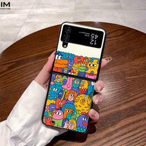 TEMU 만화 스타일 컬러풀 캐릭터 일러스트 패션 PC 소재 인조 가죽 스타일 삼성 폴딩 시리즈 삼성 갤럭시 Z 플립 4, Z 플립 5, Z 플립 6, W22, W23, 폴드 4, 폴드 5, 폴드 6 모바일 폰 보호 케이스
