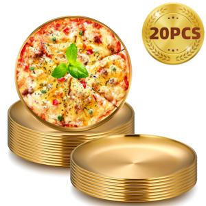 TEMU 20개 스테인리스 금색 접시, 6.69인치 라운드 식사 접시, 뚜껑이 있는 금속 서비스 트레이, 샐러드, 스낵, 디저트용 - 튼튼, 중량, 세척기 안전, 다인용 모임 및 야외 캠핑에 이상적, 캠핑 필수품 | 우아한 식기 | 내구성 식기