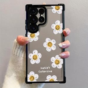 TEMU 귀여운 기쁜 얼굴 꽃무늬 모바일 폰 케이스 갤럭시 S25 S24 S23 S22 S21 FE 울트라 플러스 4G 5G용, 방탄 투명 소프트 백 커버