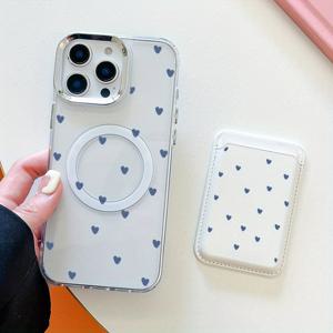 TEMU 2025 패션 신스타일 자석 블루 하트 패턴 폰 케이스 & 자석 카드 홀더 세트 - 고급 강력한 자석 부착, 아이폰 16/15/14/13/12/11 프로 맥스 7 8 플러스 KX1 호환용 2-in-1 보호 콤보, 내장된 안전 포켓이 있는 1~2개의 신용카드 및 은행카드, 신분증 수납 가능