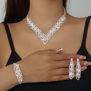 TEMU 스타일리시하고 트렌디한 보석, 여성용 아름다운과 반짝이는 기하학적 목걸이, 팔찌 및 귀걸이 세트, 신부, 결혼 보석