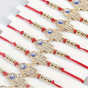 TEMU 12개 세트 스타일리시 핸드메이드 레드 럭키 커플 팔찌 - 함사와 악마의 눈 보호, 여성용 패션 합성 로프 주얼리 비치 액세서리 - 신부 들러리, 선생님, 어머니날, 졸업 선물로 다재다능한 아이디어