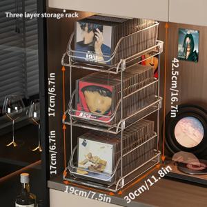 TEMU 당겨서 꺼낼 수 있는 서랍이 있는 3단 투명 플라스틱 CD 및 바이닐 레코드 보관 정리대 - 거실, 사무실용 다목적 미디어 선반, 내구성 있는 공간 절약 디자인, 조립 불필요, 현대적인 외관 | 명확한 가시성