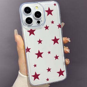 TEMU Full-Screen Dark Red Five Pointed Star Phone Case Suitable for iPhone 16, 15, 14, 13,12, 11 Pro Max XXSXRxsmax 78 6 6s Plus 16E Creative TPU Durable Drop Transparent Protective Cover