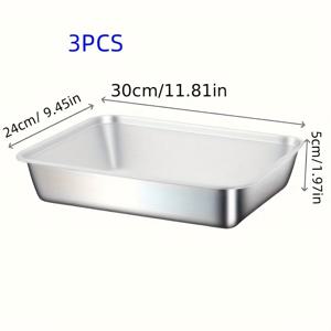 TEMU 3개 세트 30x24cm 스테인리스 스틸 식품 용기 플라스틱 뚜껑 포함 - 덮밥 및 베이킹 트레이, 누수 방지 겹쳐 쌓을 수 있는 보관함 (만두, 원통, 채소, 과일, 케이크용) - 내구성 있는 주방 & 팬트리 정리용 만두 보관 상자