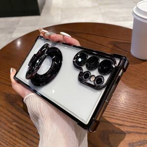 TEMU 삼성 갤럭시 S25, S24 울트라, S23, S22, S21 및 S20 플러스 FE용, 사고 방지 및 충격 방지 카메라 커버가 포함된 부드러운 마그네틱 4각 공기 쿠션을 갖춘 고급 전기 도금 케이스