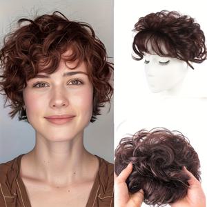TEMU 여성용 우아한 갈색 곱슬 가발 앞머리 - 볼륨감 있는 클립인 헤어피스, 짧은 웨이브 스타일, 탈모 커버링, 모든 인종에 적합, 다용도 헤어스타일, 휴가용 헤어스타일