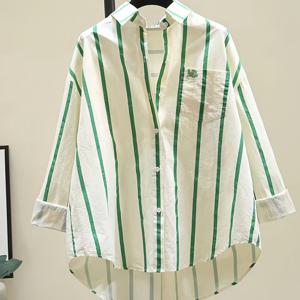 TEMU 여성용 캐주얼 드롭 숄더 루즈핏 셔츠, 가슴 디테일 & 사이드 포켓 - 화이트 & 연두색 세로 줄무늬, 사계절용 베르사틸 탑, 일상 패션, 클래식 칼라 디자인, 비침 방지 원단