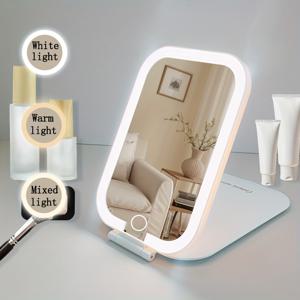 TEMU 1개 LED 메이크업 미러, Type-C 충전 기능, 데스크탑 조명 화장 거울, 여행용 얼굴 케어 조절 가능한 접이식 휴대용 거울, 비즈니스 출장 및 침실 드레싱 테이블, 사무실 사용 가능, 세 가지 밝기 모드: 백색광, 온난한 빛, 혼합빛