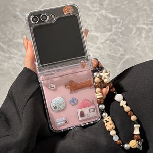 TEMU 귀여운 도사운드 테마 폰 케이스, 투명한 디자인으로 물고기 탱크, 3D 어금지, 별어미 비즈 체인, 삼성 갤럭시 Z 플립 모델 3부터 6까지 호환, 보호와 완벽한 조합