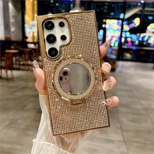 TEMU 스타일리시하고 고급진 자석 휴대폰 케이스, 메이크업 미러와 창의적인 스탠드가 장착된 공예품으로, 충격 방지 기능과 삼성 갤럭시 S25 울트라 및 S24와 호환 가능합니다.