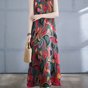 TEMU 아름다운 꽃무늬가 있는 우아한 슬리브리스 맥시 드레스 - 라운드 넥, 플로우이 A라인 실루엣, 포켓, 봄/여름/가을에 완벽한 성인 여성 패션, 캐주얼한 의상|생기 있는 꽃무늬|포켓 드레스