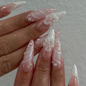 TEMU 10개 세트 수제 아몬드형 프레스온 네일, 3D 플라워 디자인, 액센트 & 화이트 글러시 - 미디엄 길이 네일 익스텐션, 페디큐어/매니큐어용 - 럭셔리 웨어러블 네일 아트 키트|네일팁