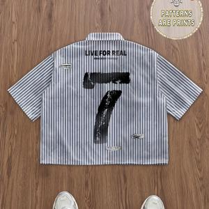 TEMU 남성 스트릿웨어 캐주얼 셔츠 - 다크 블루 가로 줄무늬 프린트, 여름용 경량 버튼업 재킷 (일상 & 포멀룩) - 비투명 소재, 클래식 폴도버 칼라, 레귤러 핏, 어덜트 남성 패션 상의