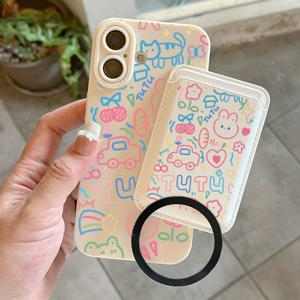 TEMU 아이폰 16용 2-in-1 콤비네이션 고급 가죽 충격방지 풀커버 컬러풀 심플 토끼 패턴 마그네틱 폰 케이스 (아이폰 15, 14, 13, 12, 11 프로 맥스, XS, XR, 7, 8 플러스, SE KM1) + 고품질 인조가죽 카드 클립 1개 - 신용카드, ID 카드, 크레딧카드 1~3장 수납 가능