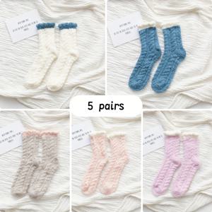 TEMU 겨울용 보온 타월 양말 5켤레 - 두꺼운 따뜻한 중목/발목 길이 파스텔 색상 (핑크, 블루, 민트, 라벤더, 베이지) - 추운 발, 임신 및 산후용 아늑한 집속 슬리퍼, 손세탁 가능