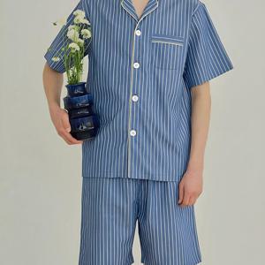 TEMU 여름 남성 파자마 세트, 캐주얼 편안한 스트레치 블루 줄무늬 라펠 반팔 상의와 쇼츠 팬츠 2피스 루즈웨어|남자반바지|남성반바지|여름잠옷