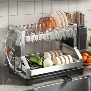 TEMU 스테인레스 스틸 주방 접시 선반, 싱크 및 식기 정리함 - 이중 레이어 방수 건조 선반, 접시, 컵 및 식기 정리함에 적합, 고품질|식기건조대|식기건조기|싱크대
