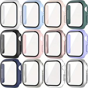 TEMU 12개입 애플워치 46mm/42mm/45mm/41mm/44mm/40mm용 하드 PC 케이스 - 스크래치 방지 강화유리 보호필름, 투명 전면 & 컬러풀 백커버, 경량 내구성 디자인 시리즈 10/9/8/7/6/5/SE 호환, 색상 옵션, 광택 마감 보호 커버