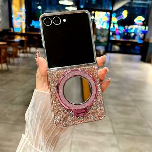 TEMU Opulent Bling Rhinestone 코팅된 Glitter Mirror 자석 스탠드 폰 케이스 for galaxy Z Flip 6 5 4 3 Zflip 7 5G 드롭-저항성 보호 커버|폰케이스