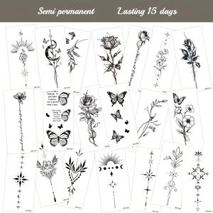 TEMU 20pcs STARTTOOS 허브 주스 반영구 마법 타투 스티커 - 장미, 뱀, 나비 꽃 디자인, 팔, 가슴, 등에 사용할 빠르게 건조되는 탈락하지 않는 임시 타투 - 14일, 반사 없음, 축제 및 일상 사용, 바디 아트, 생동감 있는 디자인, 세밀한 디자인|타투스티커