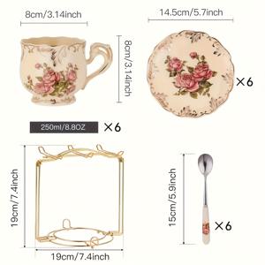 TEMU 7개/19개 유럽 커피 컵 및 사우서 세트, 아프리카 자다 세라믹 꽃차 컵, 금색 스탠드, 8온스/6컵 및 사우서 세트, 금색 스탠드 보관 랙, 차와 커피 마시는 데 적합, 오트밀 밀크 컵