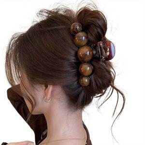 TEMU 1개 대형 레트로 비즈 샤크 클립 - 브라운 & 골드 비즈 빈티지 헤어클로, 여성용 튼튼한 플라스틱 머리핀, 웨딩/파티/일상용 업도 번 클립, 모든 헤어 타입에 어울리는 우아한 헤어 액세서리, 광택 마감, 해변 스타일링, 포멀 이벤트 헤어피스