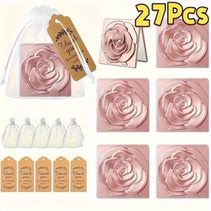TEMU 27개 핑크색 플라스틱 미니 메이크업 거울, 휴대용 접이식 장미 모양 여행용 거울, 감사 태그 및 오간자 백 포함 웨딩 파티 선물용