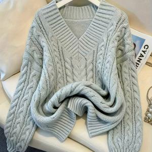 TEMU 여성용 루즈한 레이지 스타일 니트코트, 가을 겨울 V넥 미디엄탑