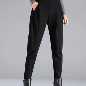 TEMU 여성용 슬림핏 하이웨이스트 스트레치 테이퍼드 헤어럼 팬츠 - 솔리드 블랙 올시즌 캐주얼~세미포멀 트라우저, 좁은 다리 개구부, 중간 신축성 편안함 & 연중 내내 활용 가능한 스탠다론 웨어|청바지