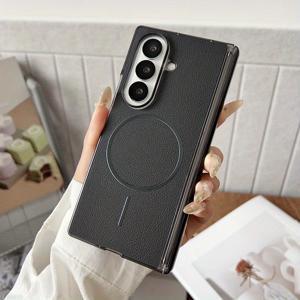 TEMU 삼성 갤럭시 Z 폴드 4, 5, 6, 7용 아크스 인조 가죽 플립 케이스 - 무선 충전 지원, 스타일리시 매거진 폰 파우치 보호 케이스, 매그세프 및 끈 액세서리 포함, 자석 베이스, 접이식 폰 홀더 케이스, 지갑형 플립 바이스리스, 귀여운 폰 케이스, 터치 레티나 터치 라이트 케이스, 경량 보호 커버