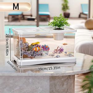 TEMU 뚜껑이 있는 대형 투명 아크릴 수족관 - 홈 데코용 사각형 어항, 작은 물고기 및 거북이용, 자연 요소가 있는 조경 디스플레이, 수족관 장식품