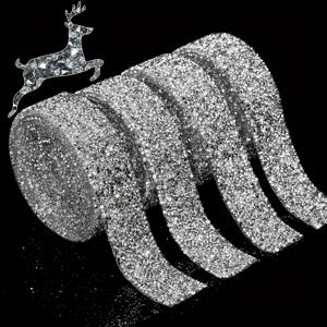 TEMU 4롤/4야드 2cm 폭 자체 접착 블링 스톤 스트리치 아이언온 DIY 글리터 레진 합성 보석 스트립, 공예 자동차 의류 장식 웨딩 케이크 생일 파티 실버