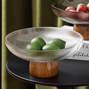 TEMU 대용량 유리 과일 그릇 나무 받침대 포함 - 컷 과일, 간식 및 페이스트리용 우아한 디스플레이 플레이트 - 식품 안전, 라이트 럭셔리 디자인 레스토랑, 파티, 홈 데코, 주방 카운터용 과일 그릇, 파티 서빙 접시, 모던 , 내구성 있는 유리제품