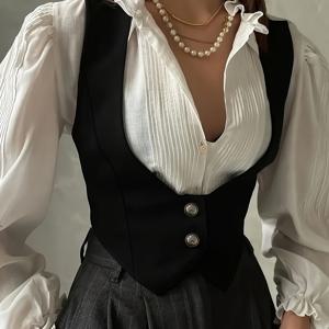 TEMU 여성 섹시 민소매 조끼 - 우아한 버튼 프론트 클로저, 포멀 & - 파티, 이벤트, 사무실, 파티 복장용 가을/겨울 레이어링 아이템 | 슬릭 핏 탑 | 여성 탱크 탑