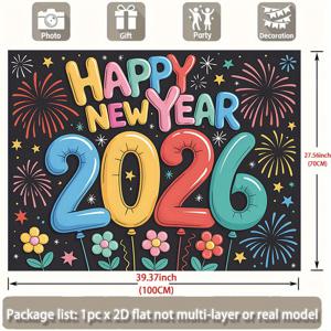 TEMU 2D 플랫, 1개 해피 뉴이어 2026 벽 배너 - 생동감 넘치는 불꽃놀이 & 꽃 디자인, 실내/외 파티 장식용 대형 폴리에스터 배경, 전기 필요 없음, 사계절 홈 오피스 장식, 축제 분위기 룸 액센트, 축하 디자인 | 내구성 있는 폴리에스터, 새해 장식
