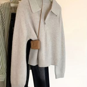 TEMU 빈티지 스타일 하프-지퍼 풀오버 스웨터 - 편안한 루즈핏, 긴 소매, 라운드 넥, 앞 지퍼, 단색, 가을/겨울에 완벽, 캐주얼 착용, 캐주얼 웨어 스웨터 | 빈티지 스타일 스웨터 | 건설, 스웨터 드레스|빈티지|드레스