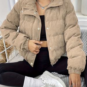 TEMU 여성용 스타일리시 퍼퍼 재킷, 골지 커프스 - 가을 & 겨울용 포근한 긴소매 지퍼업 코트, 캐주얼 단색 아우터, 겨울 재킷