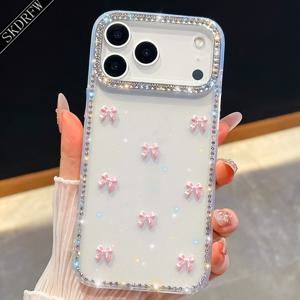 TEMU 럭셔리 라인스톤 테두리 3D 작은 보우 iPhone 17, 17 Air, 17 Pro, Promax 16/16 pro / 15/,15pro , promax 14/14Pro，Prom ax 1313 pros 13 전용 폰케이스 - 패션 액세서리, 화려한 디자인, 고품질 라인스톤, 장식적인 휴대폰 커버, 시크한 프로텍터