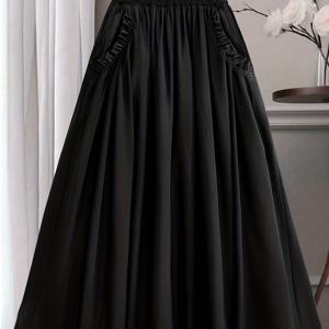 TEMU 플러스 사이즈 - 여성 플러스 사이즈 플레어 스커트 - 우아한 논스트레치 포멀 & 캐주얼 맥시 스커트, 허리 선을 강조, 파티, 사무실, 일상복을 위한 플레어 밑단 - 여성용 올 시즌 논스트레치 스커트, 귀여운 스커트, 파티 복장, 비침 없는 원단