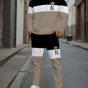 TEMU 남성용 긴팔 스웨트셔츠 및 바지 세트, 가을/겨울 2피스 프린트 라운드넥 긴팔 아웃도어 캐주얼 스포츠웨어, 크리스마스 선물, 캐주얼 웨어, 스포츠웨어, 프린트 스웨트셔츠, 긴팔 상의, 캐주얼 웨어