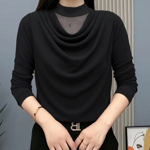 TEMU 여성용 우아한 긴팔 티셔츠 - 슬림핏 스탠드 칼라 블라우스, 주름 방지 브라운(토프) 탑, 봄/가을 레이어링, 캐주얼 & 오피스 웨어, 세탁기 사용 가능한 셔츠 - 다용도 워드로브 스테이플