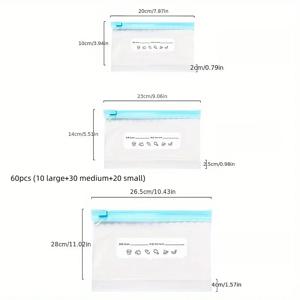 TEMU 60개입 (대형 10개/중형 30개/소형 20개) 슬라이더 지퍼 잠금장치가 있는 내구성 강한 재사용 가능 냉동백 - 누수 방지 및 전자레인지 사용 가능 - PP 플라스틱 식품 보관 용기, 냉장고, 팬트리, 식사 준비, 충전 시스템 호환, 밀폐 냉동 정리함