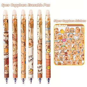 TEMU 56개 지워지는 젤 펜 (카피바라 & 스티커 포함) - 0.5mm 중간 팁, 빠른 건조 retractable 팁, 카피바라 펜 6개 + 스티커 50개, 학습 노트 & 창의적인 선물용으로 적합, 정교한 필기구, 학용품, 재미있는 문구류, 튼튼한 구조