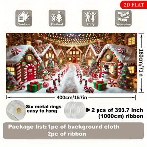 TEMU 2D 플랫, 1개 초대형 71x157인치 사탕집 크리스마스 장면 배경 - 2D 플랫 폴리에스터 파티 장식 (눈이 내리는 길, 젤리브레드 하우스 포함)