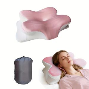 TEMU 핑크 나비 컨투어 베개 - 탈부착 세탁 가능 커버 & 휴대용 가방 포함 - 옆/등/배 자는 사람, 여행, 캠핑, RV 침대용 - 척추 지지 베개 (충전 포함)