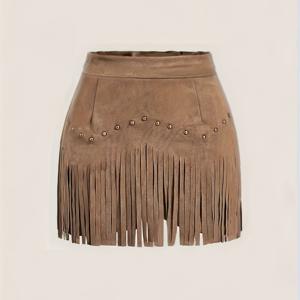 TEMU 여성용 빈티지 프린지 에이라인 스커트 - 프린지 헴 & 벨트 스타일 스터드 장식, 숏 길이 브라운 보호-시크 플레어 스커트, 캐주얼 & 포멀 웨어, 핸드워시 가능, 사계절 착용 (벨트 불필요) - 우아한 프린지 숏 스커트
