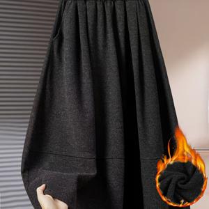 TEMU 플러스 사이즈, 여성용 플러스 사이즈 헤비듀티 겨울 스커트 - 두꺼운 따뜻한 A라인 - 길이/하이로우 슬랜트 헴 스커트, 세탁기 사용 가능한 우아한 단색 (블랙/화이트/브라운), 정장 및 캐주얼 착용 - 플러스 사이즈 맥시 스커트