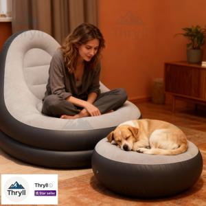 TEMU 초대형 팽창식 라운지 의자 (발 받침 오트만 포함) - 튼튼한 PVC, 안정적인 받침대, 깊은 시트 & 높은 등받이 지지, 접이식 & 휴대용 (실내/실외 사용), 거실, 침실, 파티오, 캠핑, 기숙사, 발코니, 팽창식 가구|캠핑의자|허리보호대|좌식의자