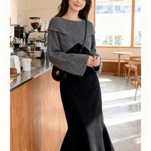 TEMU 2pcs 여성 가을신상 가슴꼬임 니트 가디건 머메이드 원피스 투피스 세트 빅사이즈 체형커버 코디 세트 SLIM GIRL 슬림소녀